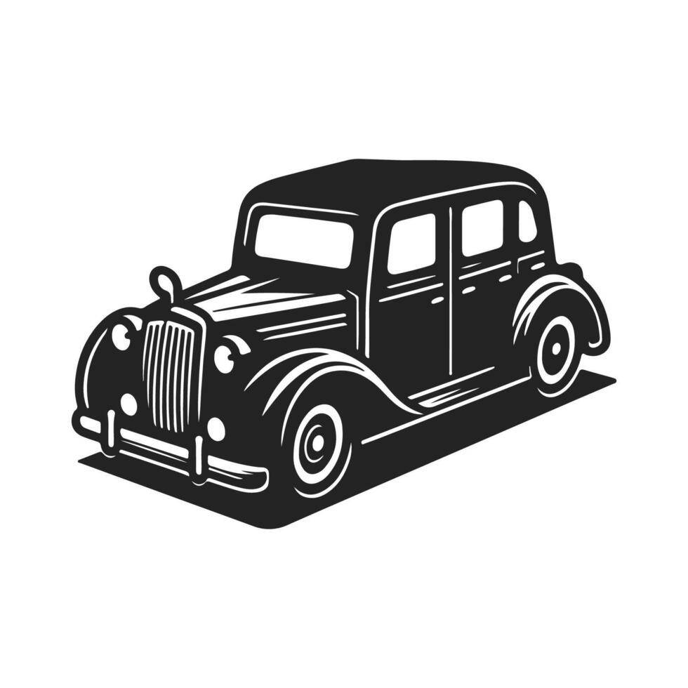 Old Classic Car Illustration. 70s Black and white Car silhouette. vector