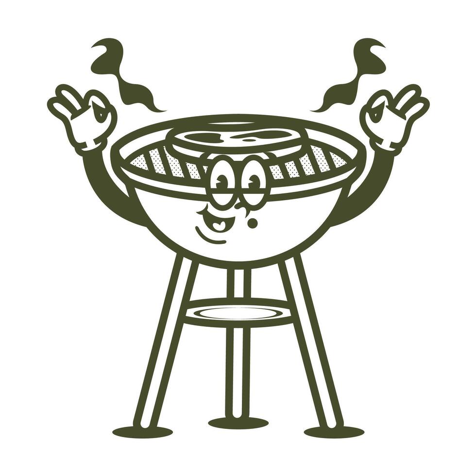 Funny cartoon character of barbeque. Can be used as Sticker, posters, prints. The comic elements in trendy retro cartoon style. illustration vector