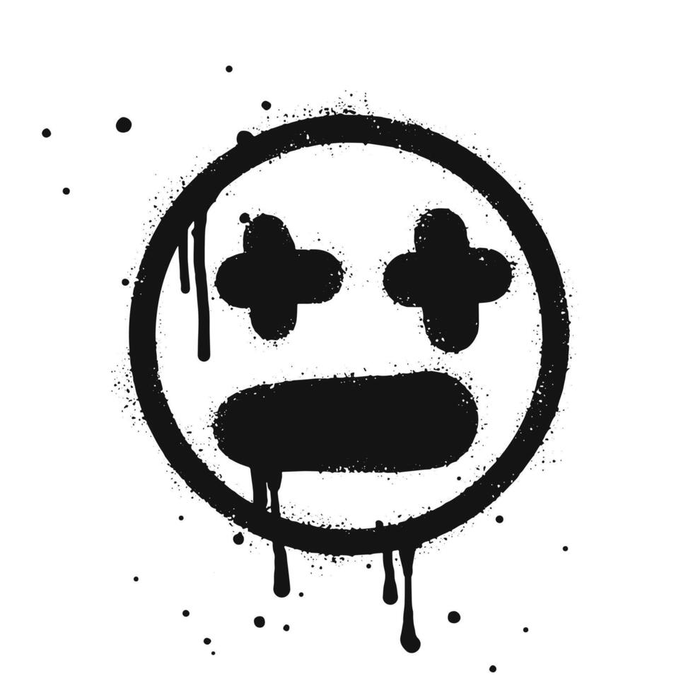 Scary sick face emoticon character with hat. Spray painted graffiti Sad face in black over white. isolated on white background vector