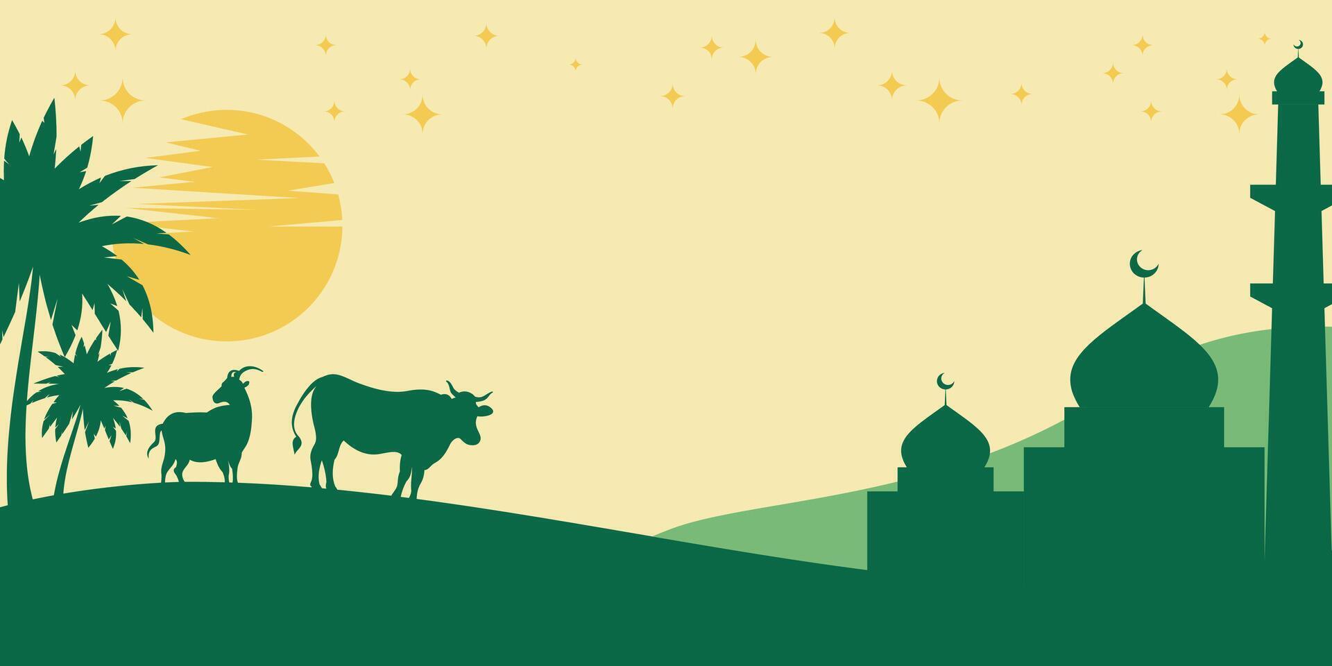 Islamic background for Eid al-Adha, with silhouettes of mosque, moon, cow and goat. Design template with empty space for text. illustration of day of sacrifice vector