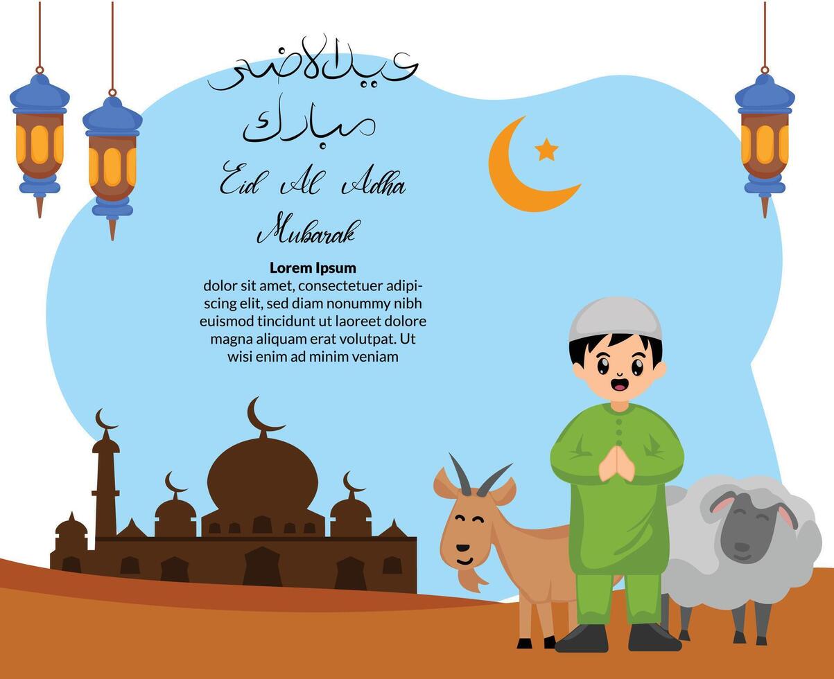 cute muslim boy greting happy eid al adha background with illustration of goat and sheep sacrificial vector