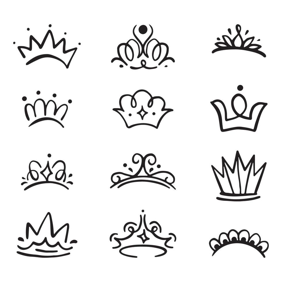 Crown Icon in Hand Drawn Doodle style isolated on white background. King crown sketches, majestic tiara, king and queen royal diadems . Line art prince and princess luxurious head accessories. vector