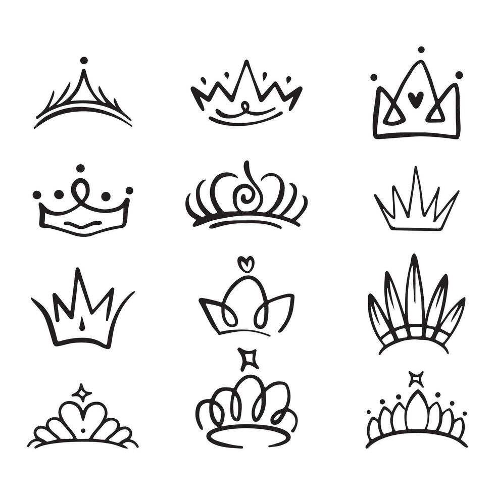 Crown Icon in Hand Drawn Doodle style isolated on white background. King crown sketches, majestic tiara, king and queen royal diadems . Line art prince and princess luxurious head accessories. vector