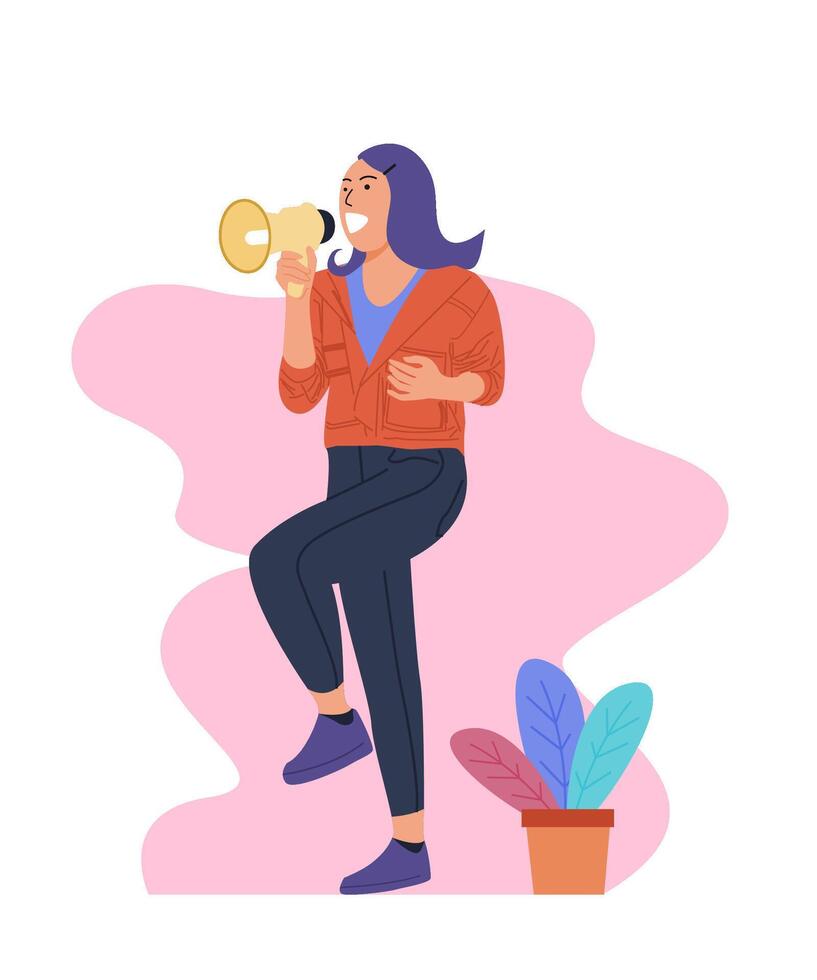 flat design, illustration of a female character holding a speaker vector