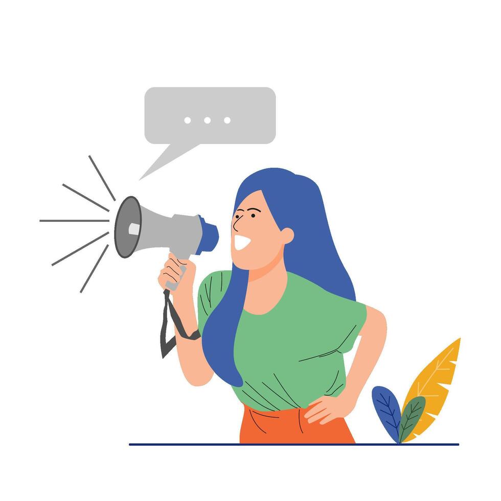 flat design, illustration of a female character holding a speaker vector