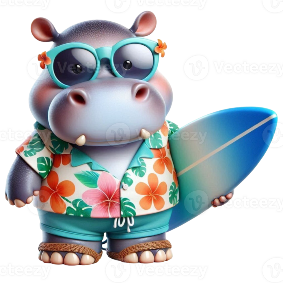 aigenerated hippo cartoon with surfboard png