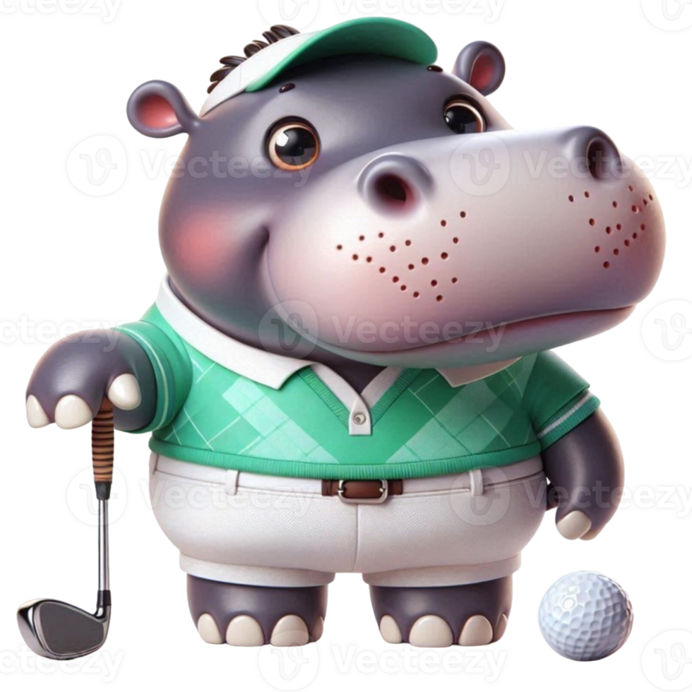 aigenerated hippo in golf shirt and cap holding a golf ball png