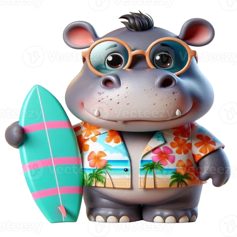 aigenerated hippo cartoon with surfboard png