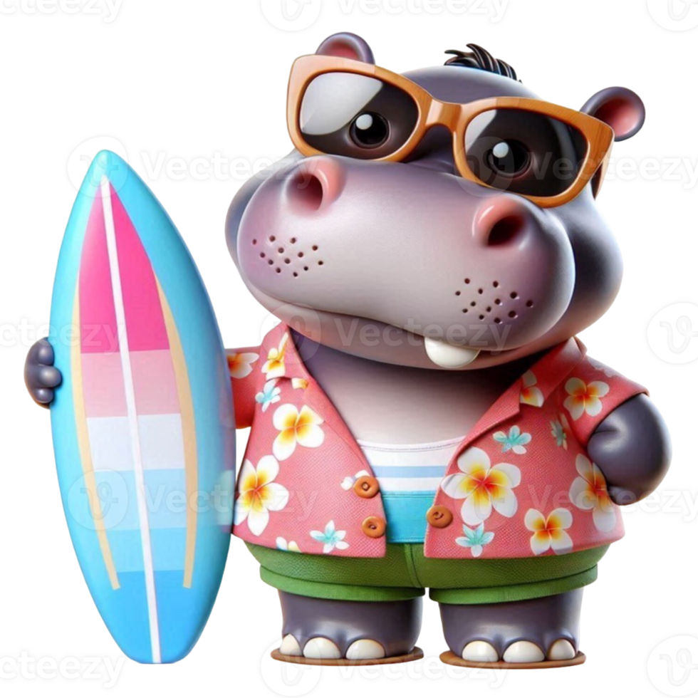 aigenerated hippo cartoon with surfboard png