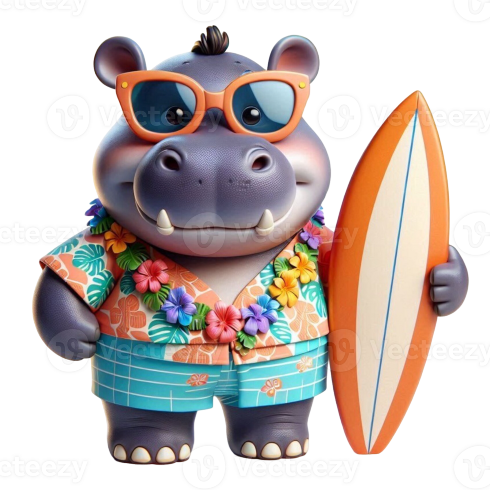 aigenerated hippo cartoon with surfboard png