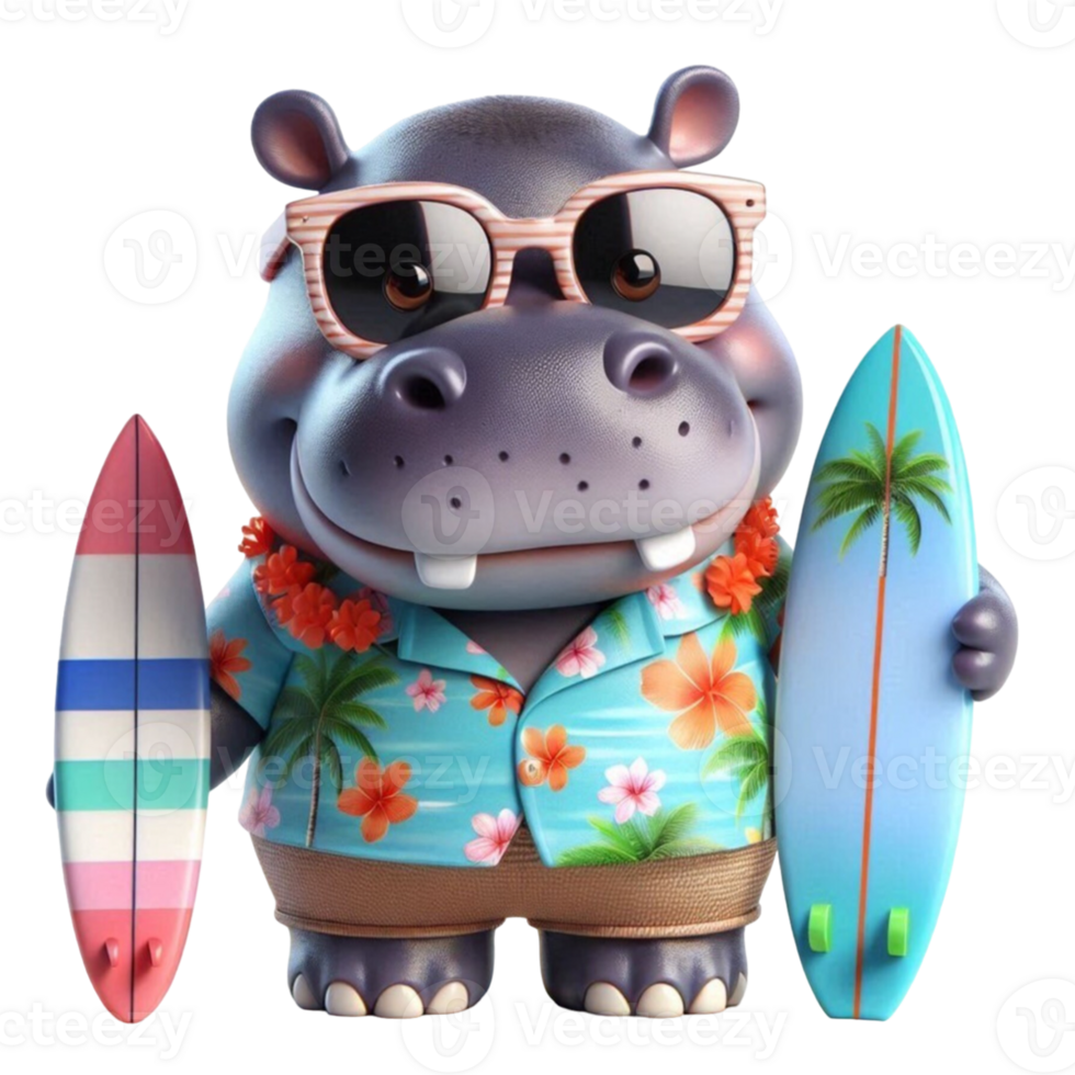 aigenerated hippo cartoon with surfboard png