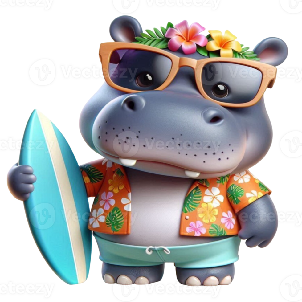 aigenerated hippo cartoon with surfboard png