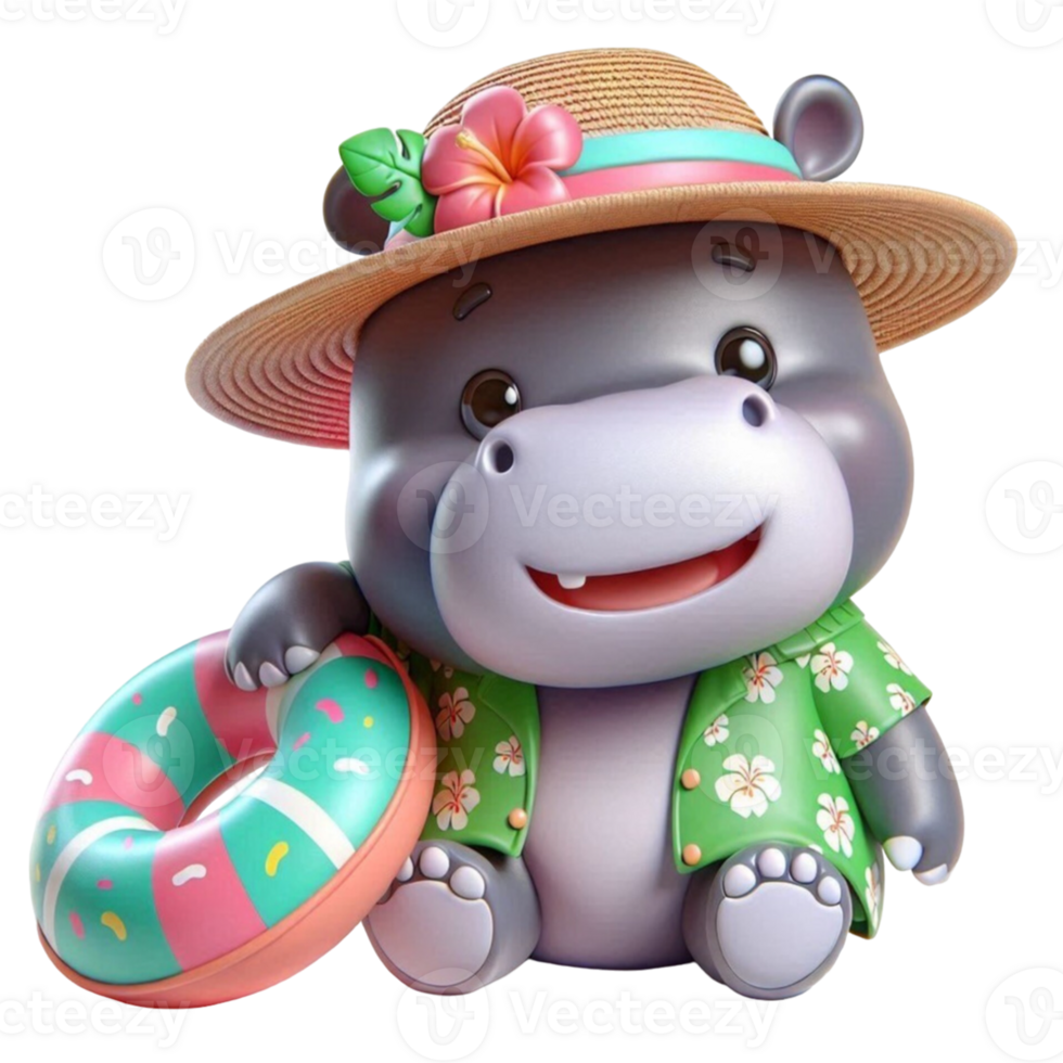 aigenerated hippo in a hat and swimsuit holding a life ring png