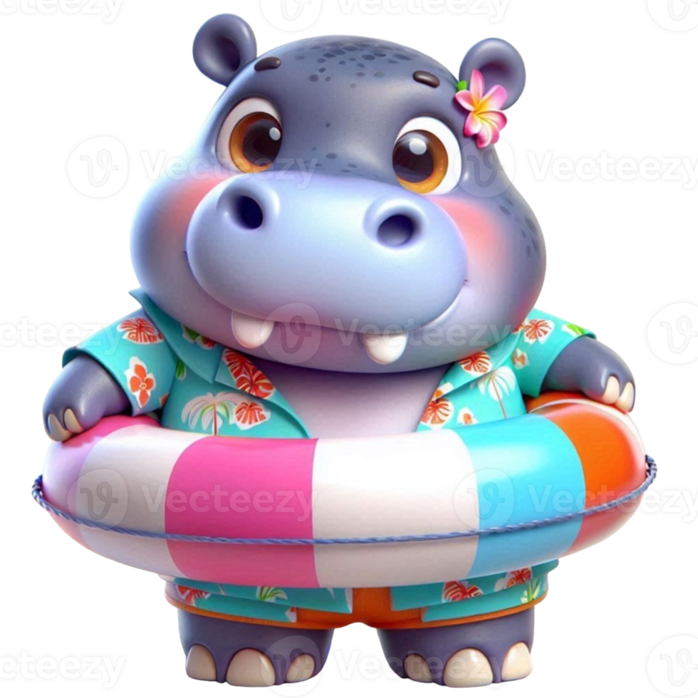 aigenerated hippo in a hat and swimsuit holding a life ring png