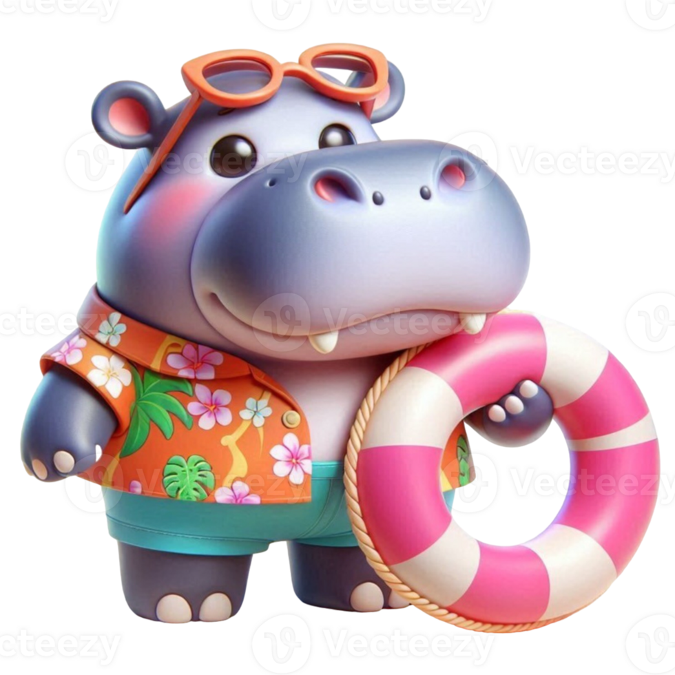 aigenerated hippo in a hat and swimsuit holding a life ring png