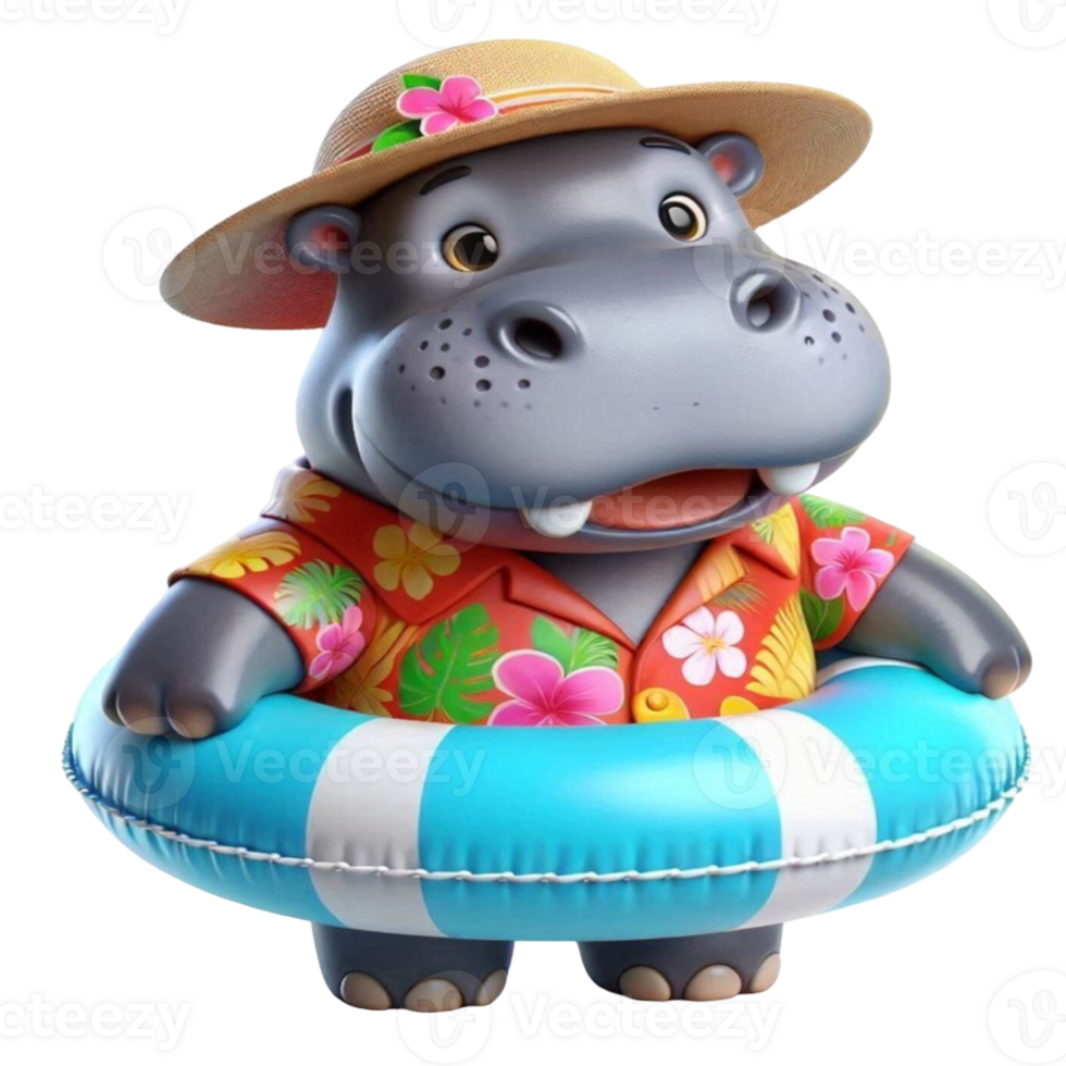 aigenerated hippo in a hat and swimsuit holding a life ring png