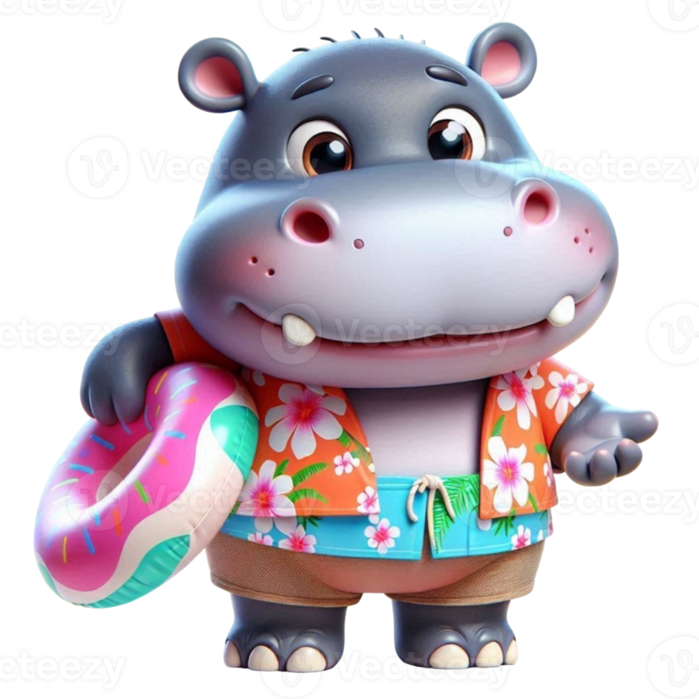 aigenerated hippo in a hat and swimsuit holding a life ring png