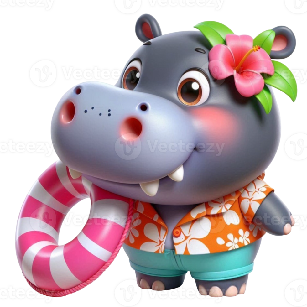 aigenerated hippo in a hat and swimsuit holding a life ring png