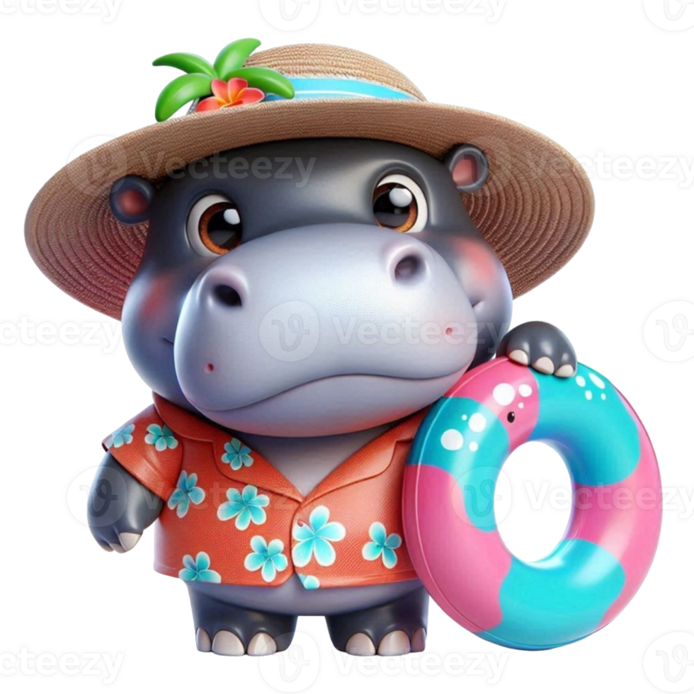 aigenerated hippo in a hat and swimsuit holding a life ring png