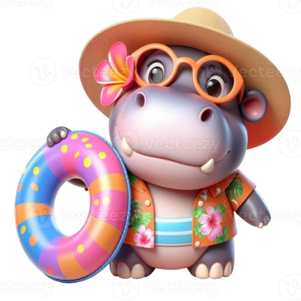 aigenerated hippo in a hat and swimsuit holding a life ring png
