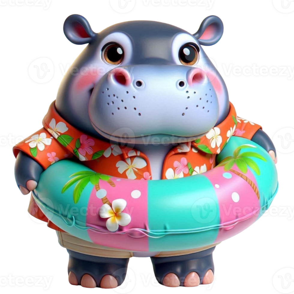 aigenerated hippo in a hat and swimsuit holding a life ring png
