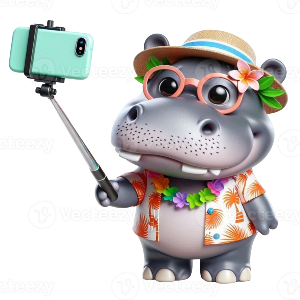 aigenerated hippo in hawaiian shirt and hat taking selfie with phone png