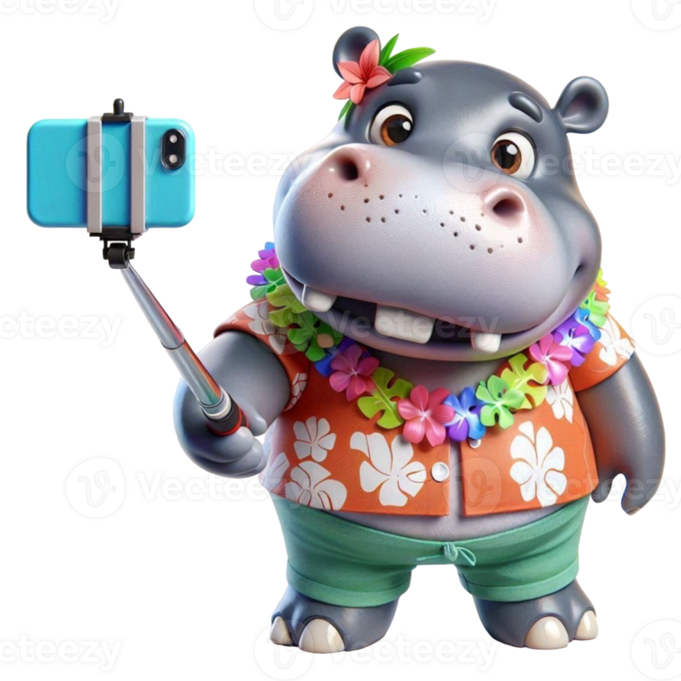 aigenerated hippo in hawaiian shirt and hat taking selfie with phone png