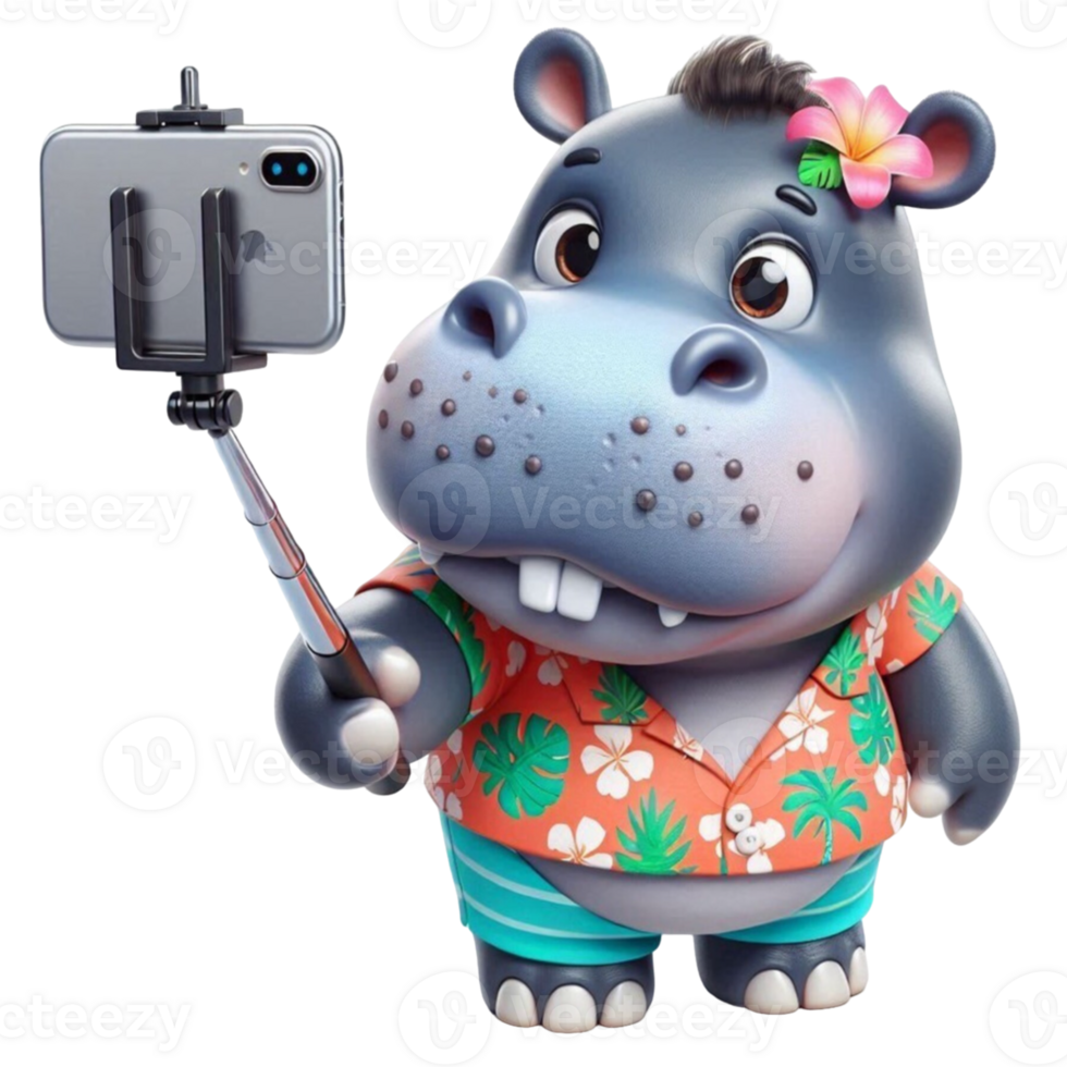 aigenerated hippo in hawaiian shirt and hat taking selfie with phone png