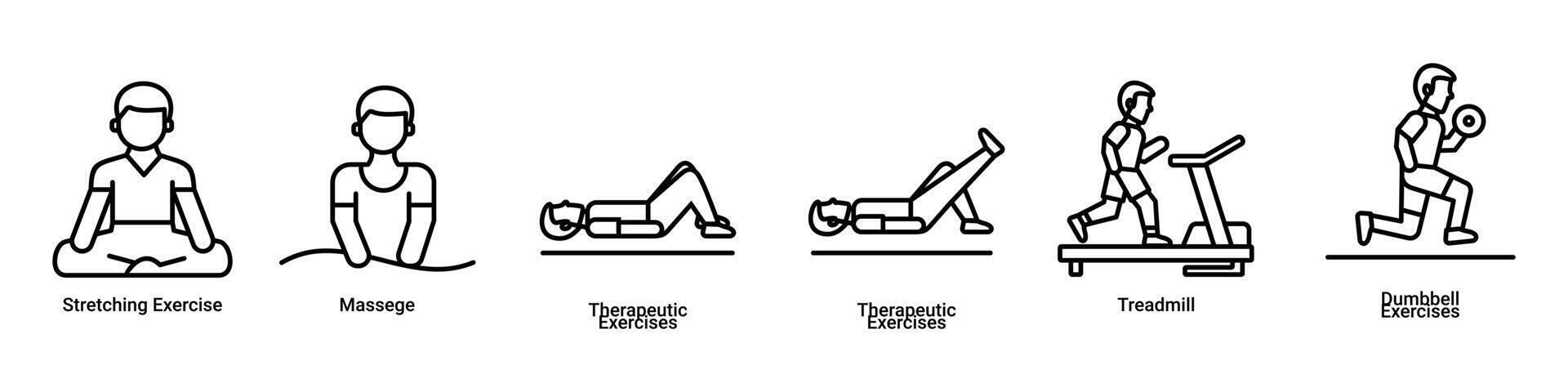 physiotherapy icons. Adaptive yoga and massage, physical exercises on the treadmill vector