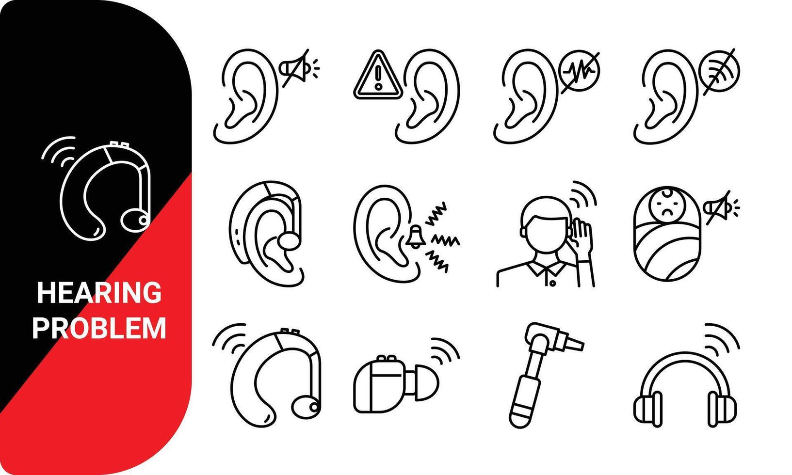 Disabilities hearing problems, Hearing aid line icon set. Hearing problem collection vector