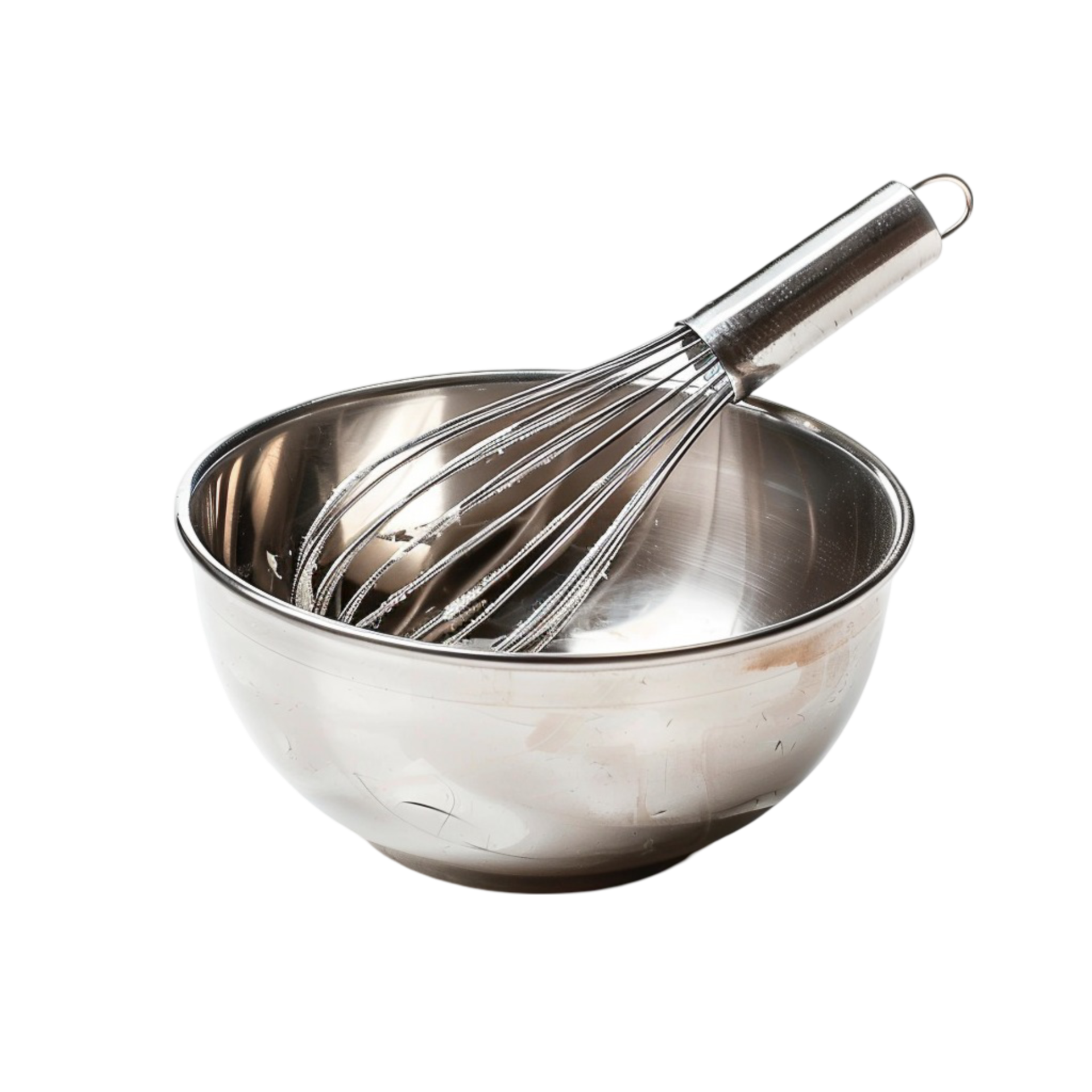 A metal bowl with a whisk in it on transparent background. 45721149 PNG
