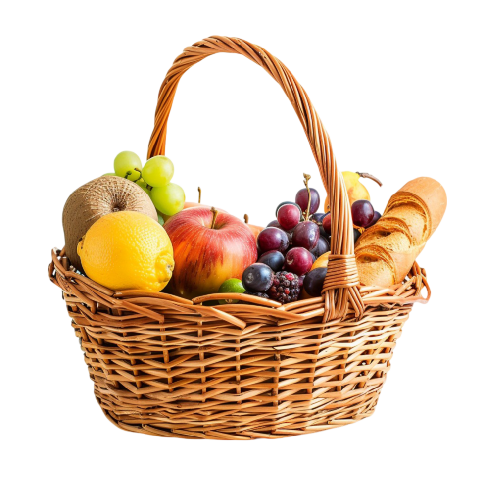 fruit basket with bread and fruit on transparent background. png