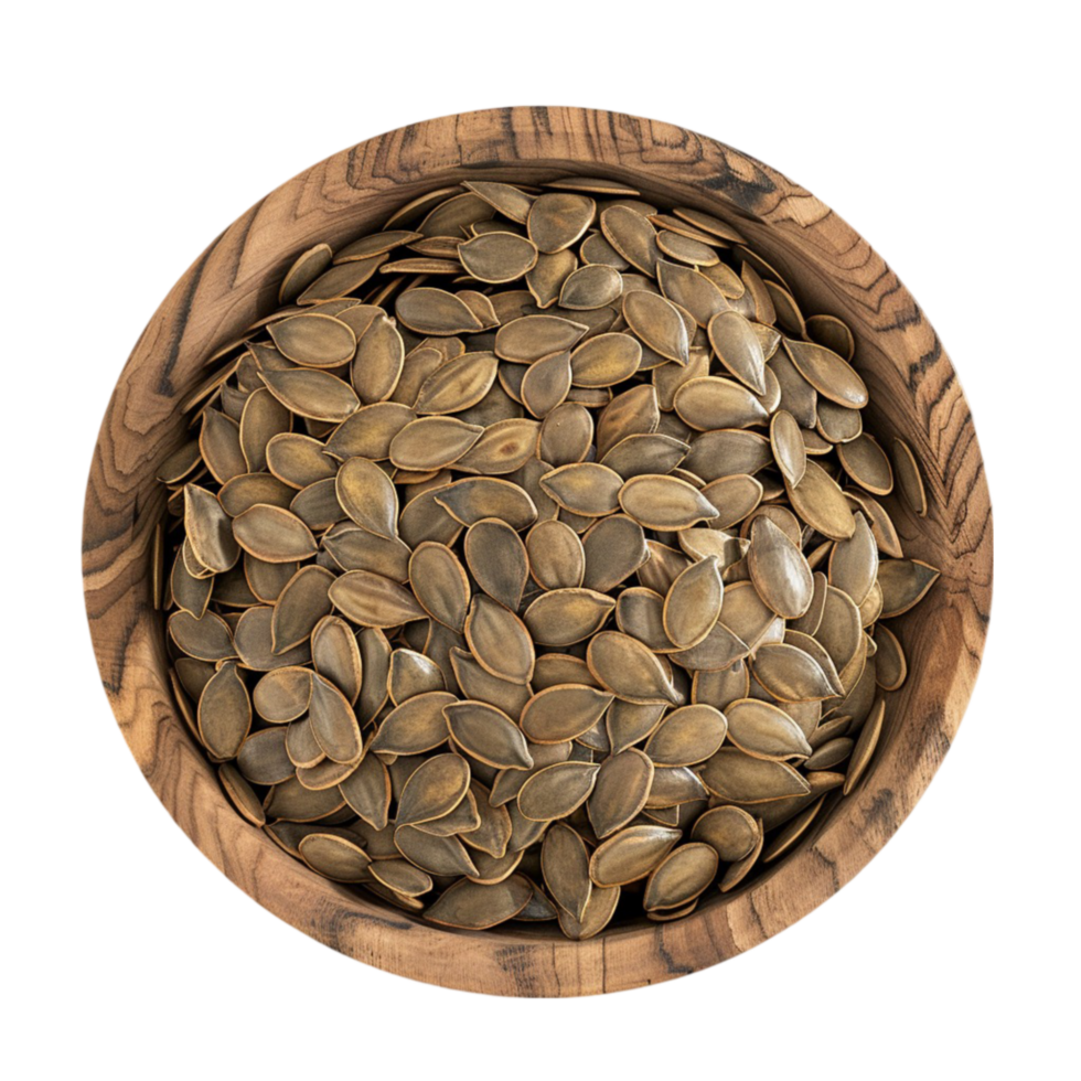 Pumpkin seeds in a wooden bowl on transparent background. png