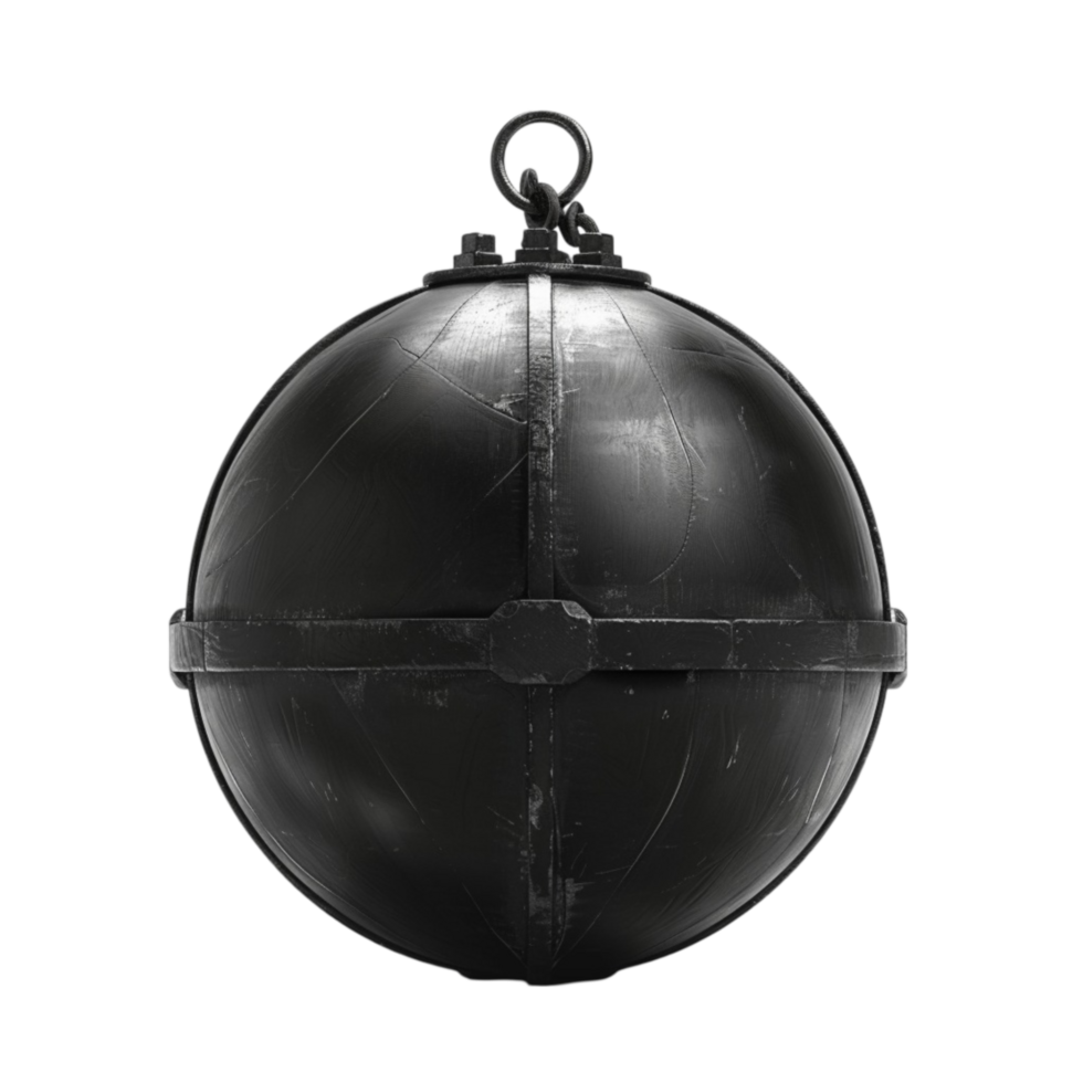 A black ball with a chain hanging from it on transparent background. png