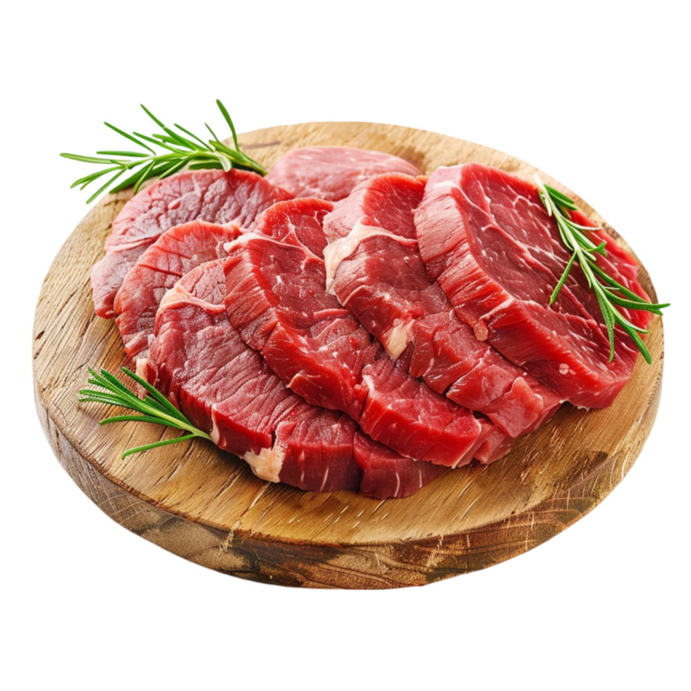 Raw beef steak on a wooden cutting board with rosemary sprigs on transparent background. png