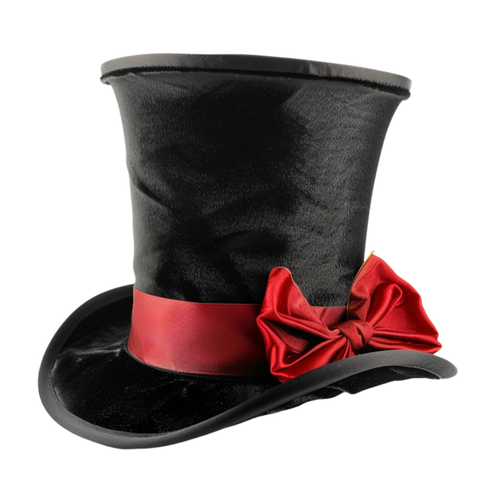 A black top hat with red ribbon on transparent background. png