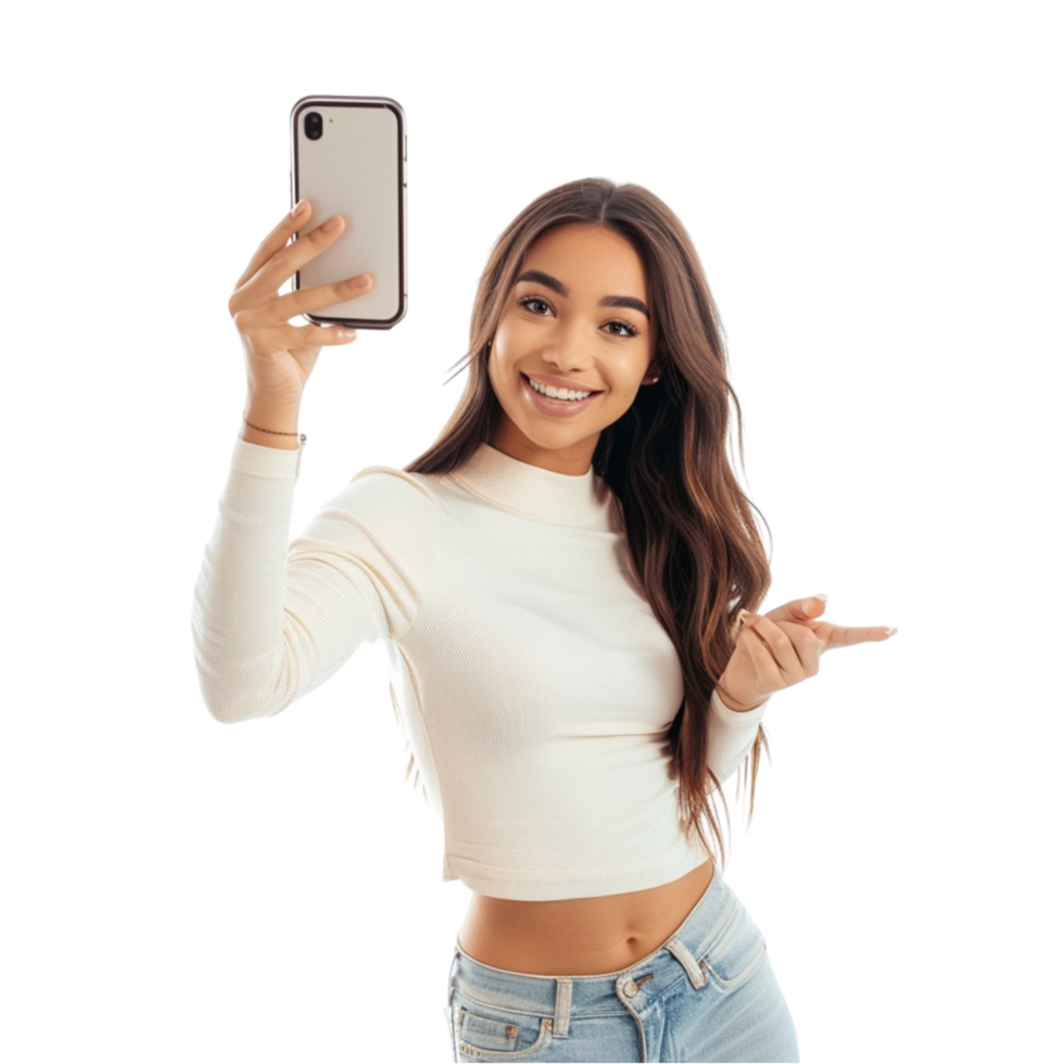 A young woman taking a selfie with her phone on transparent background. png