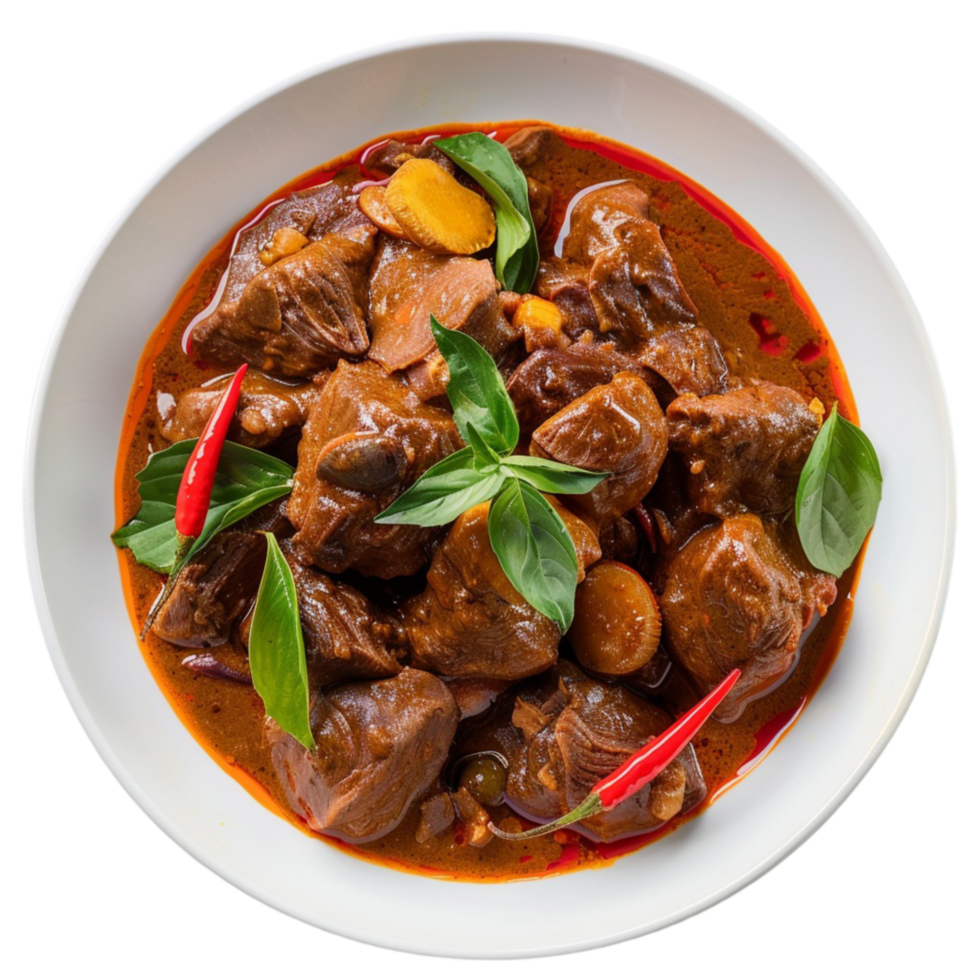 Thai beef curry with basil and chilli on transparent background. png