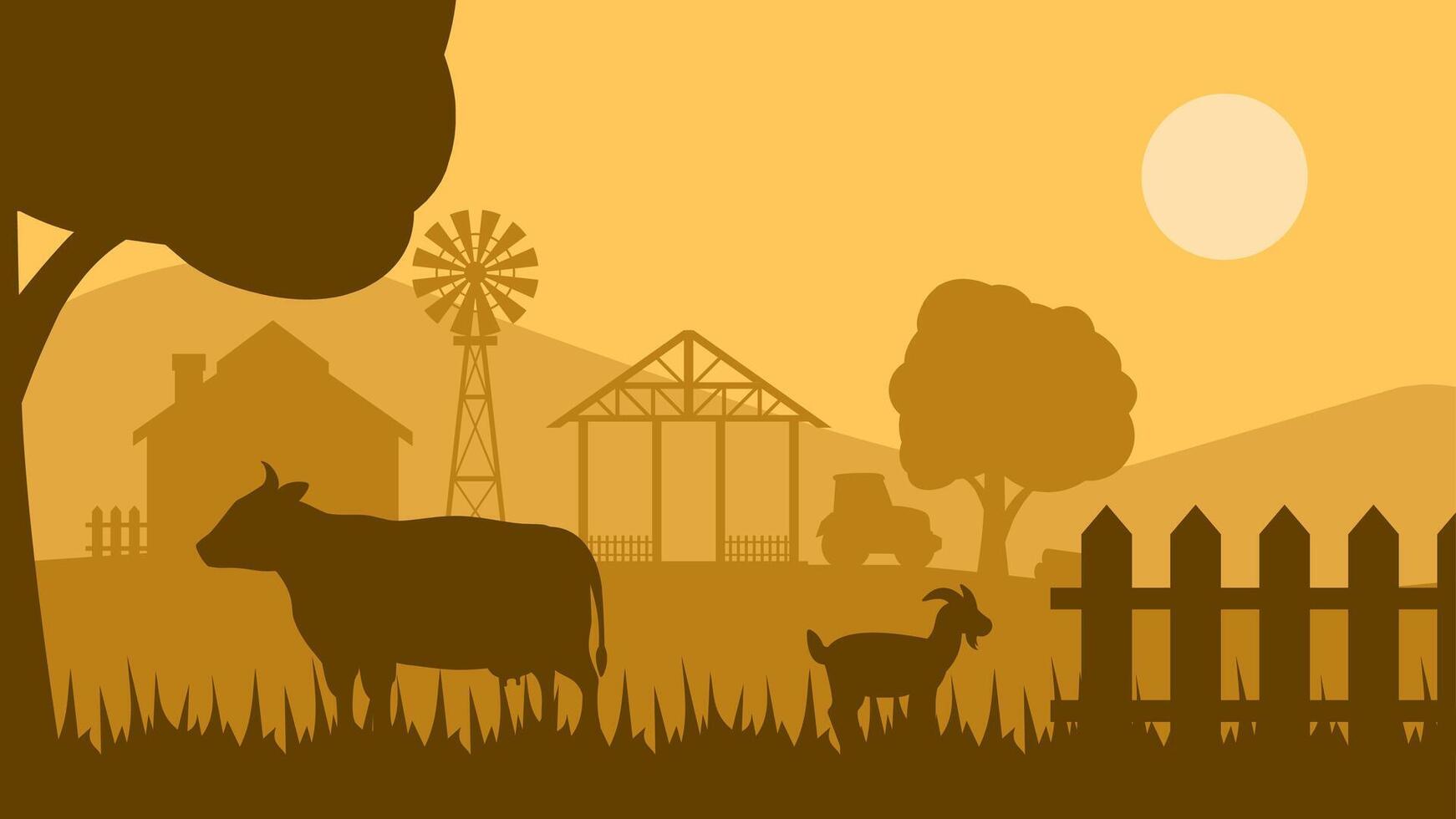Landscape illustration of farm silhouette with cow and goat vector