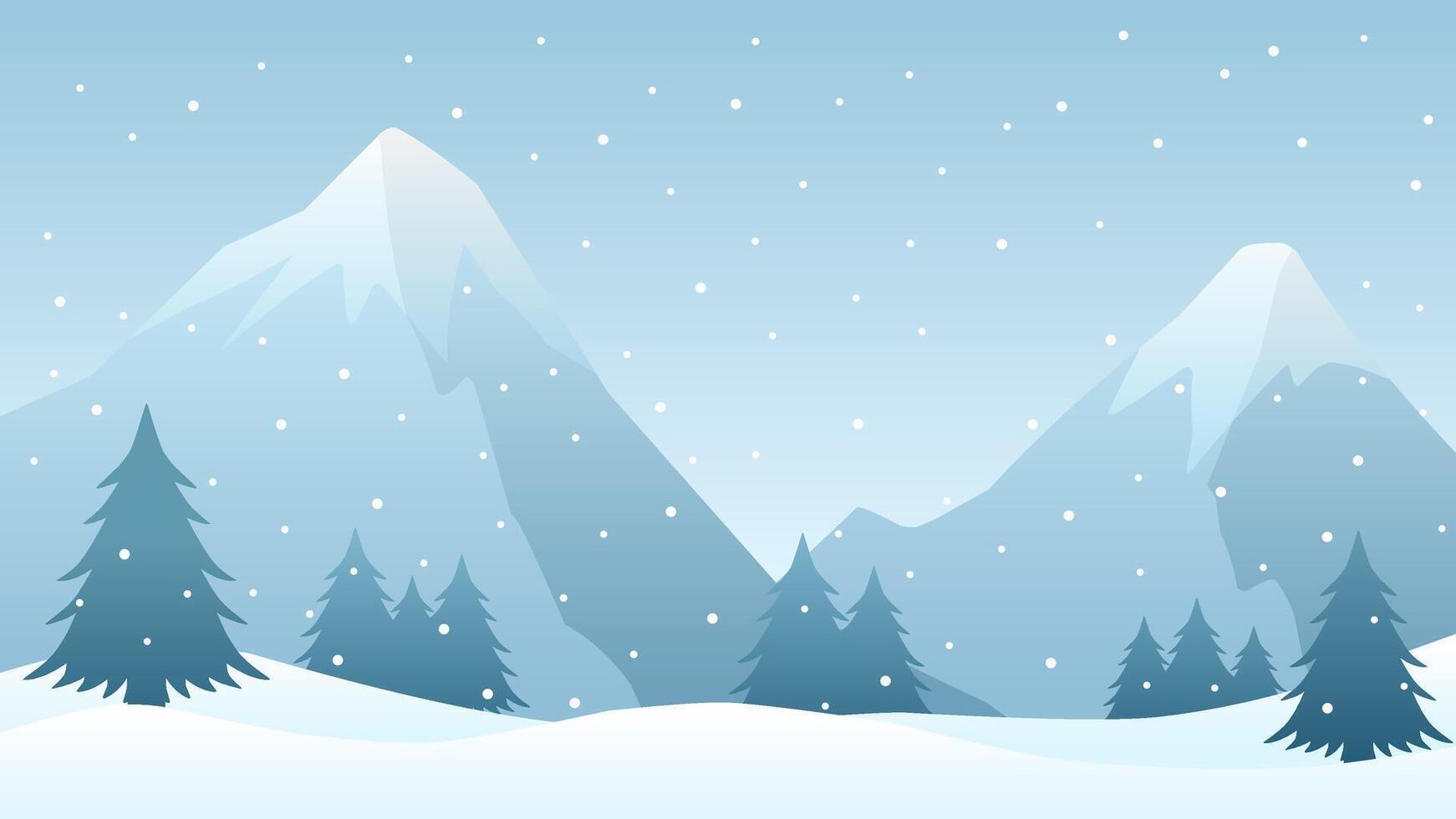 Landscape illustration of snowy mountain in winter with snowfall vector