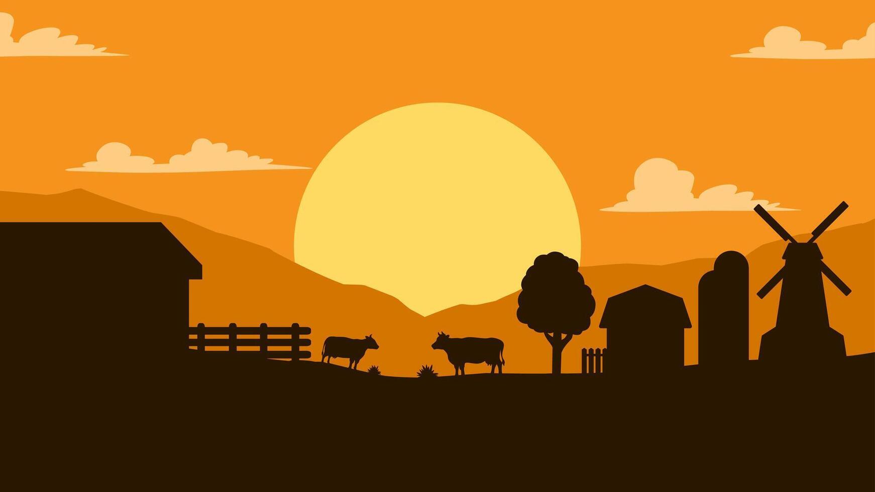 Landscape illustration of farm silhouette with livestock in the sunset vector