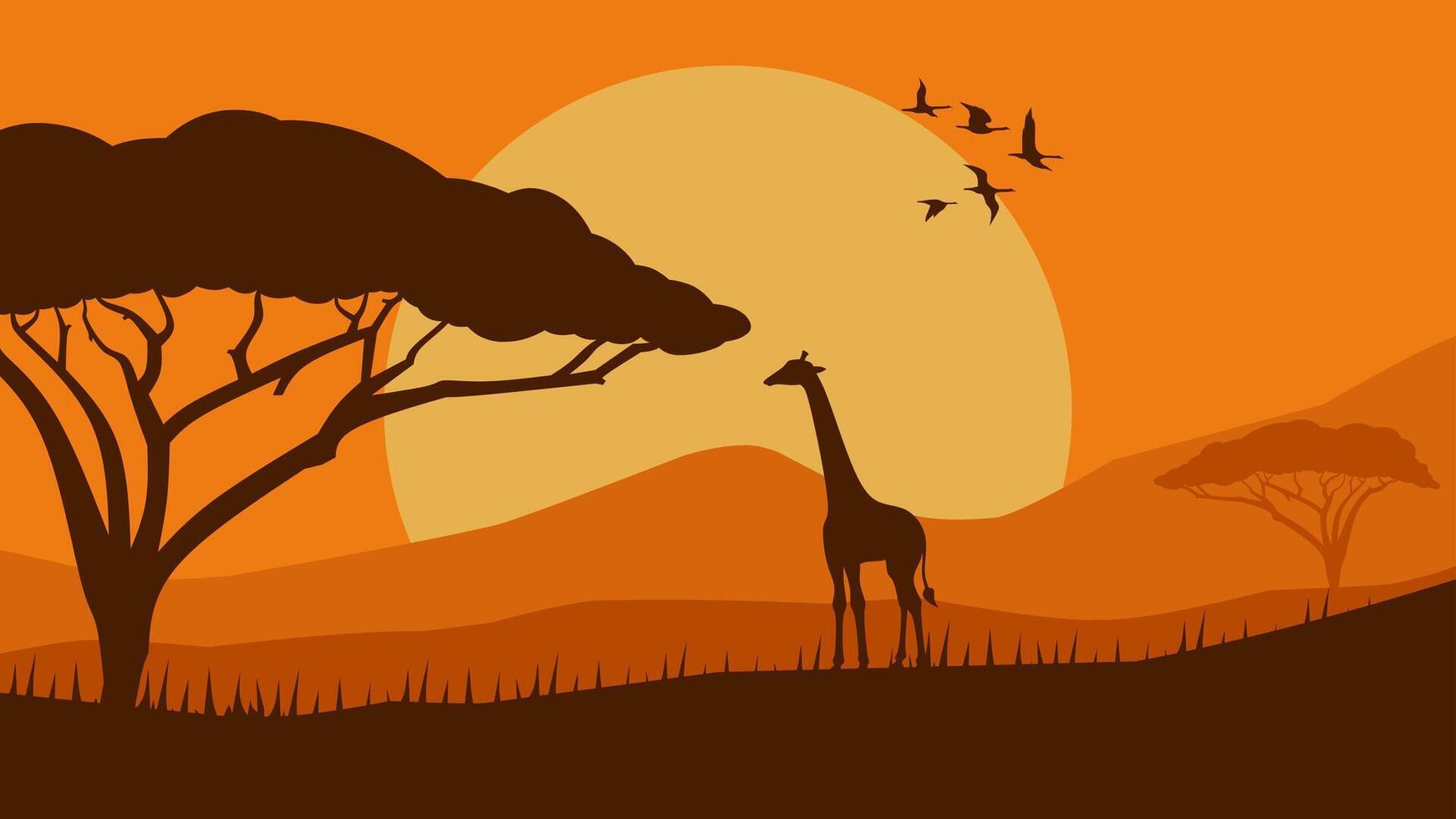 Landscape illustration of savanna field with giraffe and african tree Landscape illustration of savanna field with giraffe and african tree