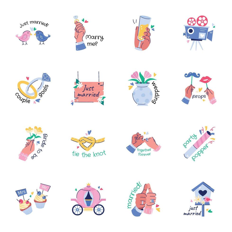 Trendy Collection of Flat Style Matrimony Stickers vector