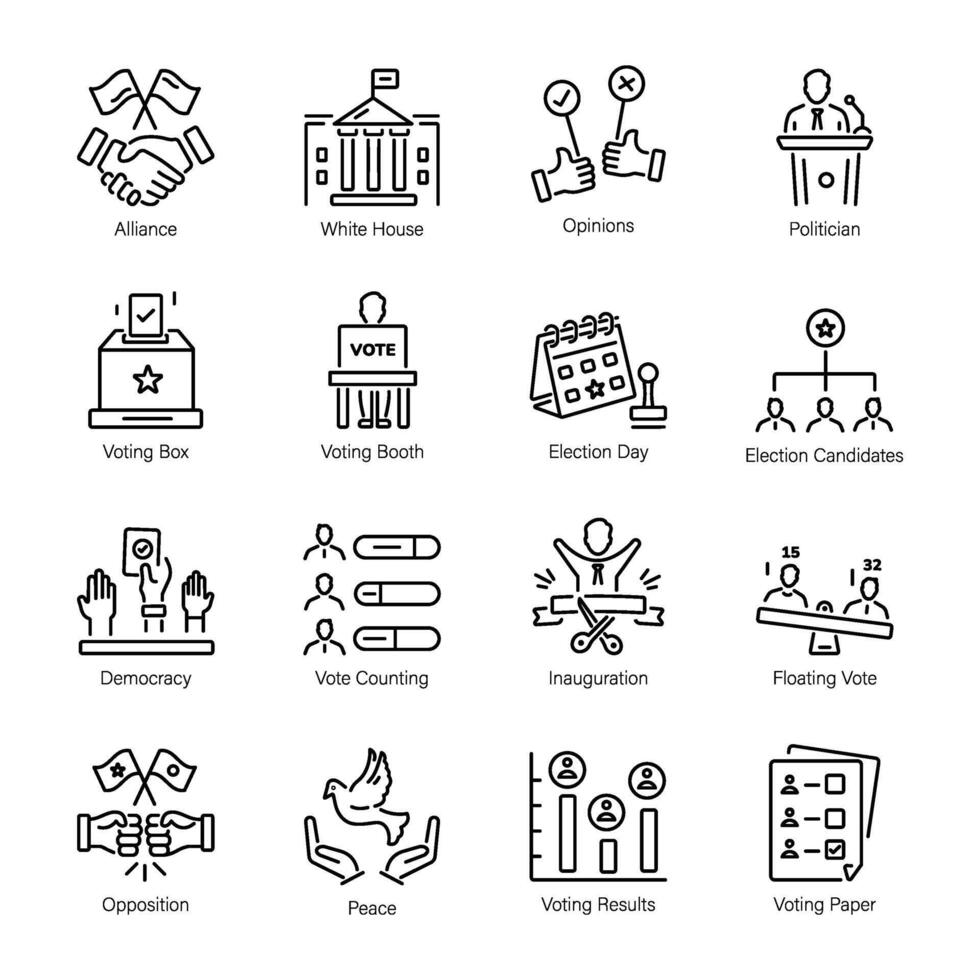 Set of 16 Linear Style US Elections Icons vector