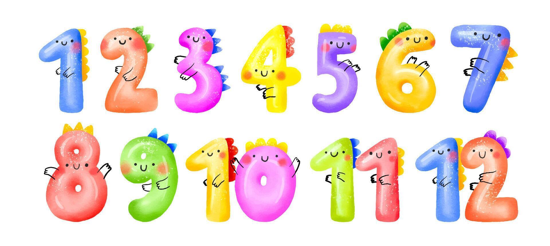 Monthly childish numbers with cute dinosaurs. Dinocards template vector