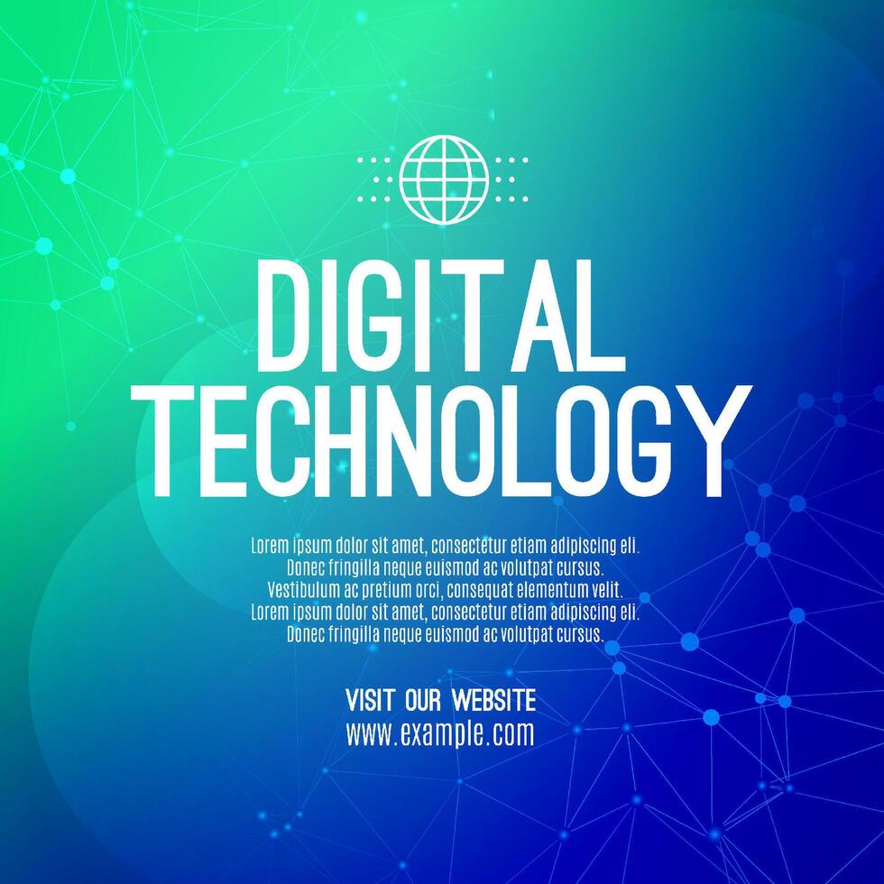 Digital technology social post banner sale template green blue background, abstract cyber information communication, innovation future tech data, internet network connection, Ai big data illustration vector