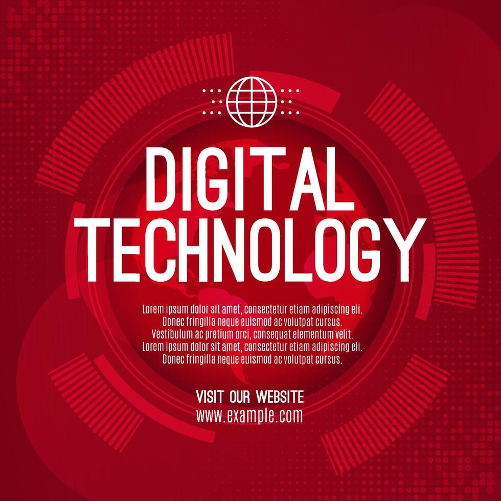 Digital technology social post banner sale template red background, abstract cyber information communication, innovation future tech data, internet network connection, Ai big data illustration vector