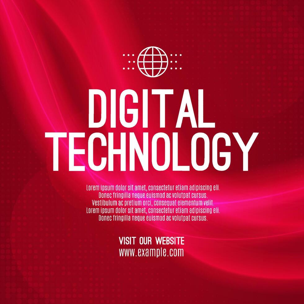 Digital technology social post banner sale template red background, abstract cyber information communication, innovation future tech data, internet network connection, Ai big data illustration vector