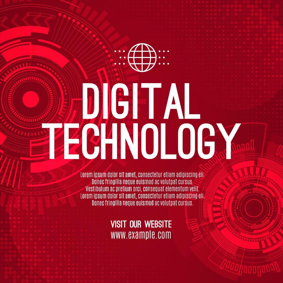 Digital technology social post banner sale template red background, abstract cyber information communication, innovation future tech data, internet network connection, Ai big data illustration vector