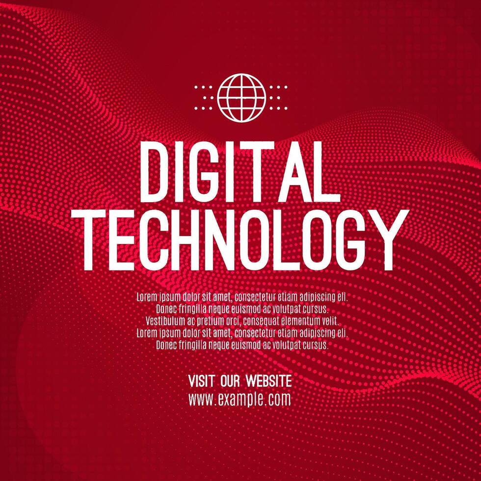 Digital technology social post banner sale template red background, abstract cyber information communication, innovation future tech data, internet network connection, Ai big data illustration vector